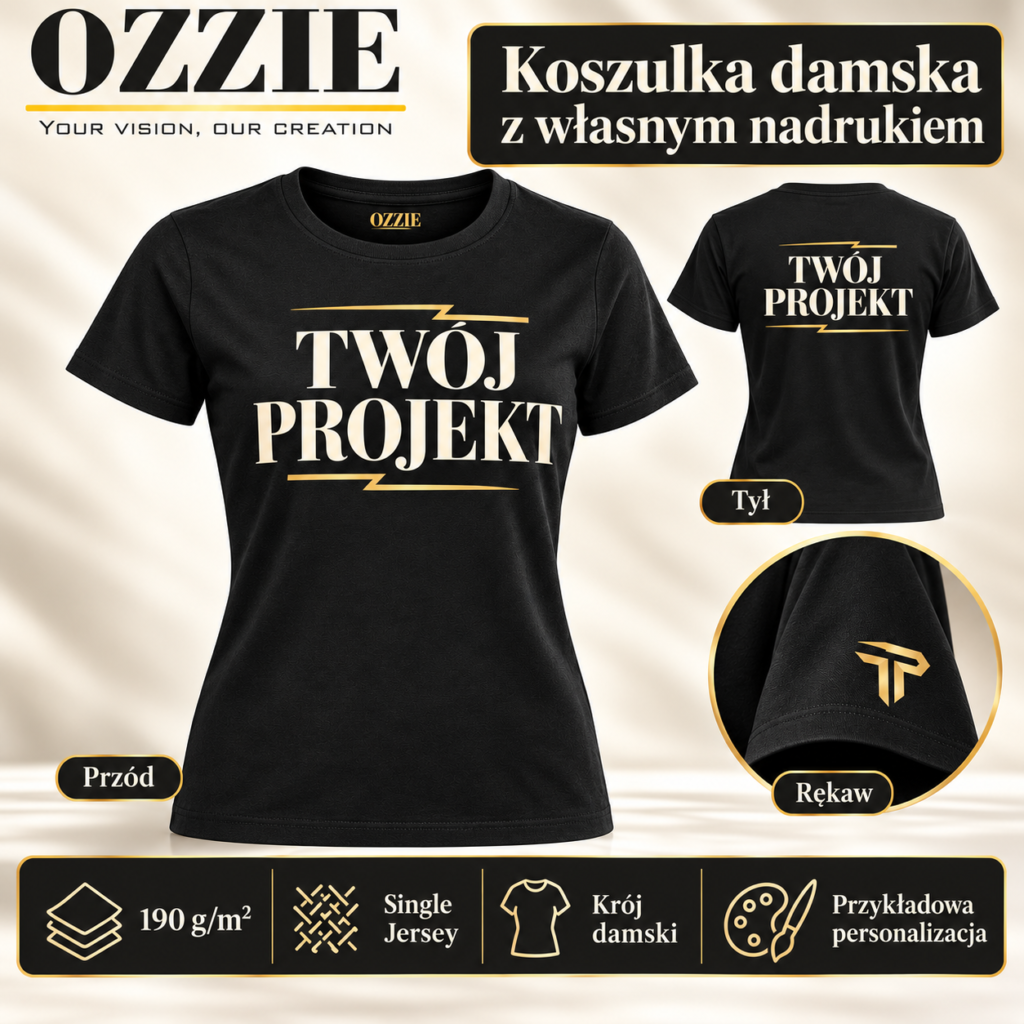 Koszulka damska OZZIE — Nadruk — przód, tył i rękaw