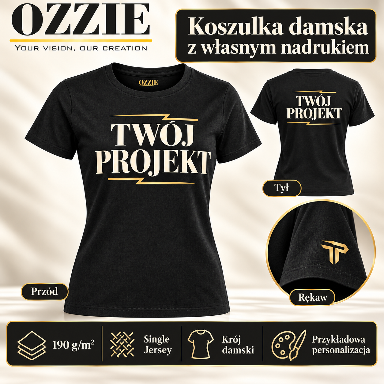 Koszulka damska OZZIE — Nadruk — przód, tył i rękaw