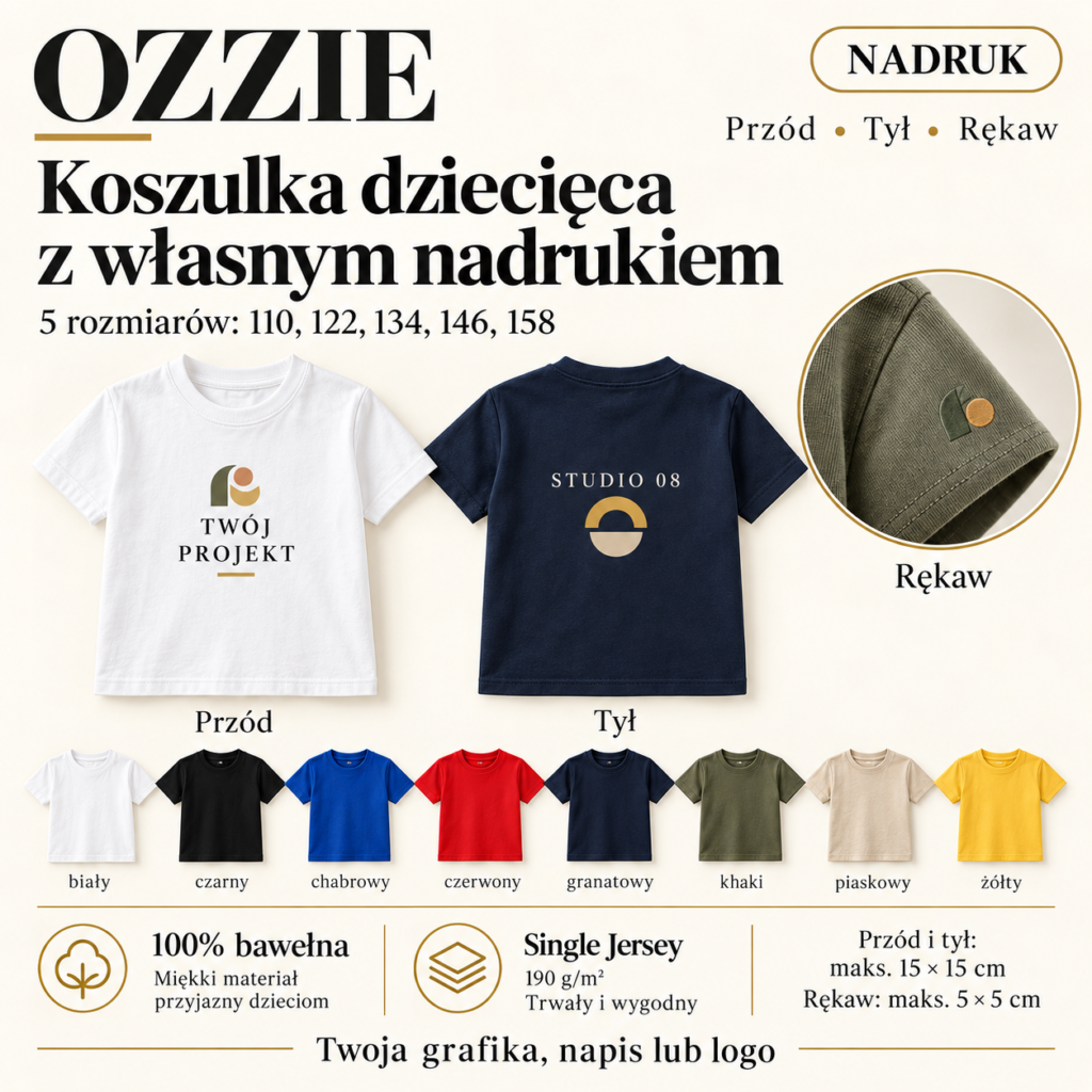 Koszulka dziecięca OZZIE z nadrukiem – prezentacja. Przód i tył maks. 15 × 15 cm, rękaw maks. 5 × 5 cm.