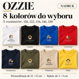 Koszulka dziecięca OZZIE z nadrukiem – kolory i rozmiary. Przód i tył maks. 15 × 15 cm, rękaw maks. 5 × 5 cm.