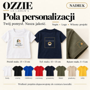 Koszulka dziecięca OZZIE z nadrukiem – pola personalizacji. Przód i tył maks. 15 × 15 cm, rękaw maks. 5 × 5 cm.