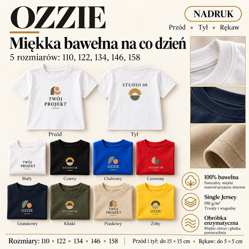 Koszulka dziecięca OZZIE z nadrukiem – materiał. Przód i tył maks. 15 × 15 cm, rękaw maks. 5 × 5 cm.