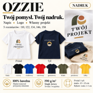 Koszulka dziecięca OZZIE z nadrukiem – detal nadruku. Przód i tył maks. 15 × 15 cm, rękaw maks. 5 × 5 cm.