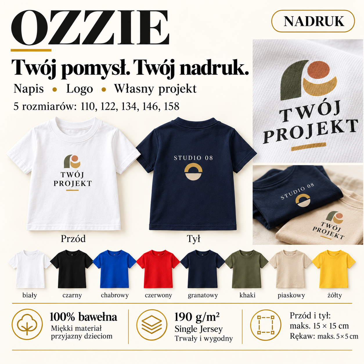 Koszulka dziecięca OZZIE z nadrukiem – detal nadruku. Przód i tył maks. 15 × 15 cm, rękaw maks. 5 × 5 cm.