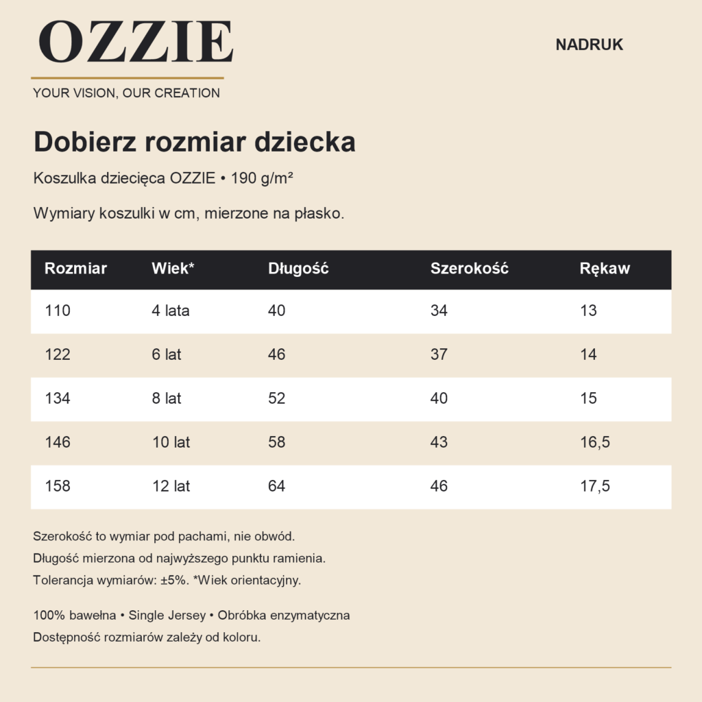 Koszulka dziecięca OZZIE – nadruk – tabela rozmiarów