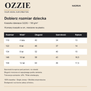 Koszulka dziecięca OZZIE – nadruk – tabela rozmiarów