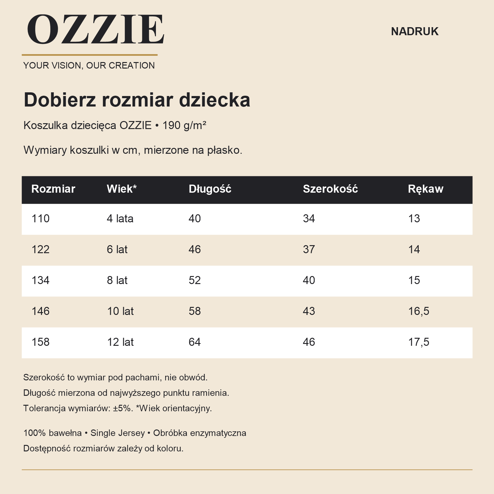 Koszulka dziecięca OZZIE – nadruk – tabela rozmiarów