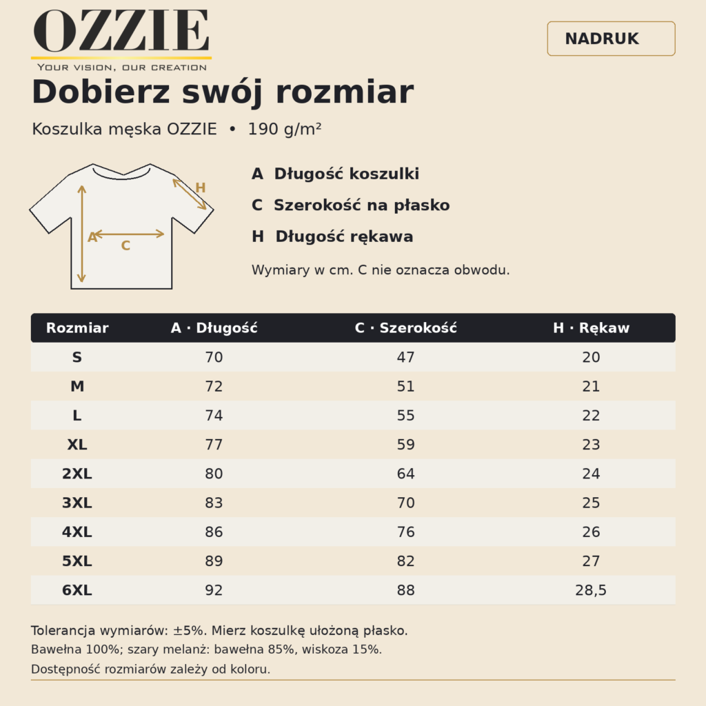 Tabela rozmiarów koszulki męskiej OZZIE z nadrukiem, S–6XL, wymiary w centymetrach