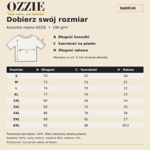 Tabela rozmiarów koszulki męskiej OZZIE z nadrukiem, S–6XL, wymiary w centymetrach