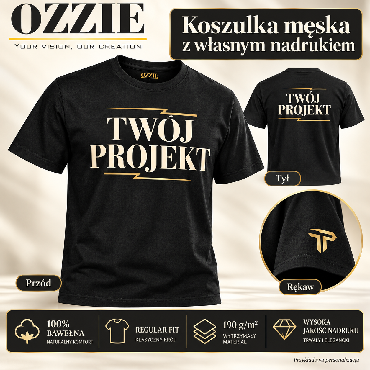 OZZIE koszulka męska – nadruk – Prezentacja – przód, tył i rękaw